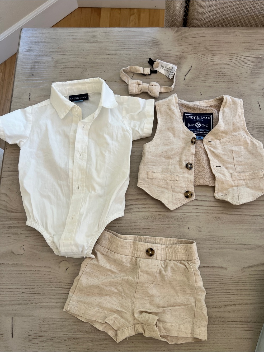 Andy & Evan Beige Vest, Shorts & White Button Bodysuit Set